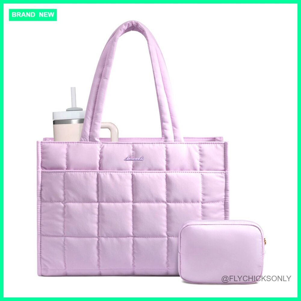 Large 15.6 Inch Laptop Tote Bag, 25L Quilted Puffer Work Purse with 12 Pockets